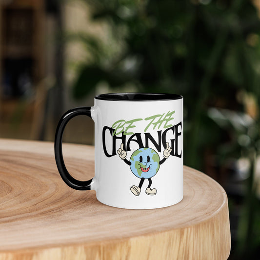 11oz, 15oz - White Ceramic Mug with "Be the Change" Design - Colorful Rim & Handle - Sublimegifts4u.com