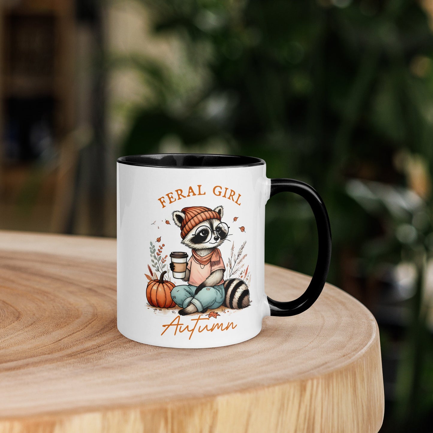 11oz White Ceramic Mug with Autumn Raccoon and Pumpkin Design - Feral Girl Autumn - Colorful Rim & Handle - Sublimegifts4u.com