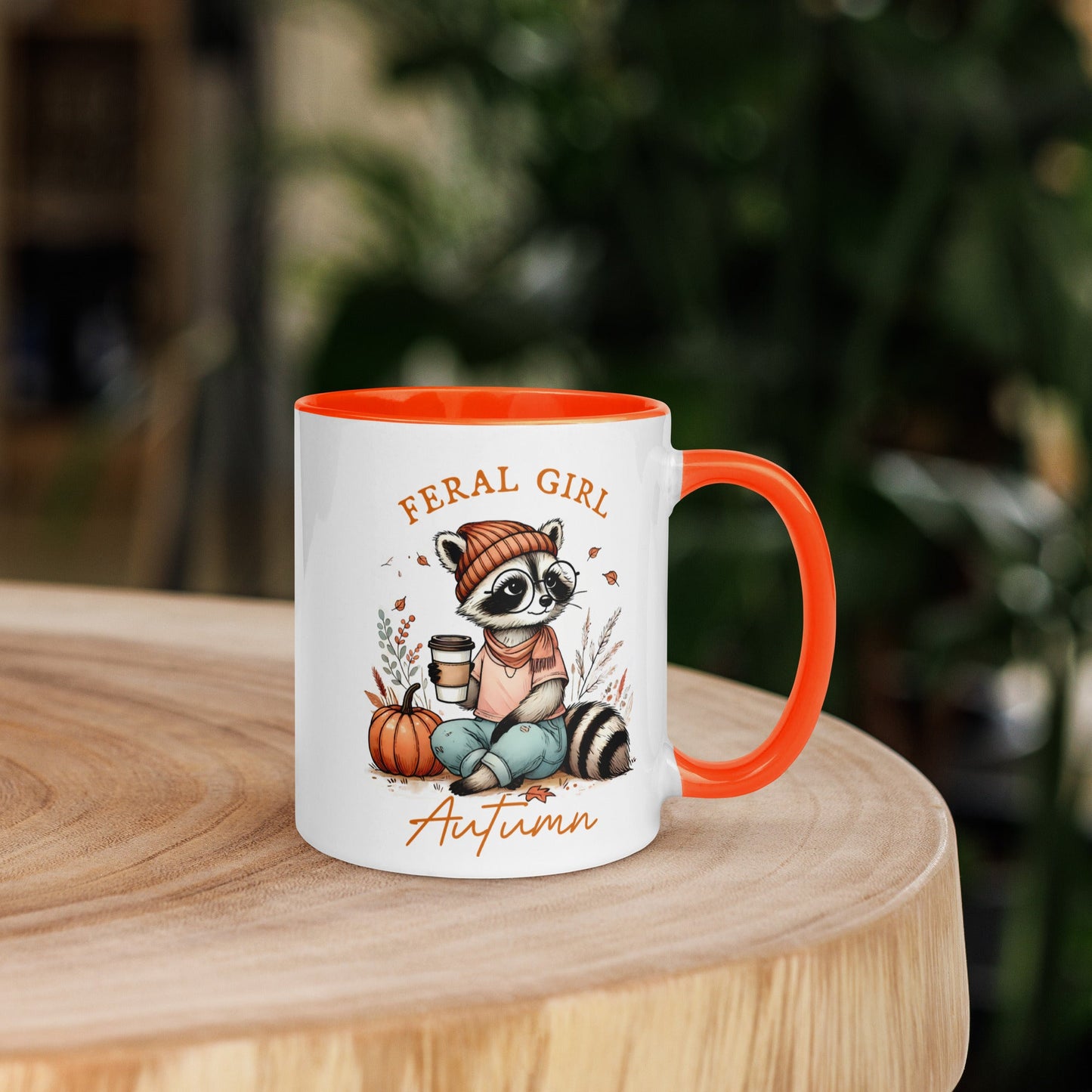 11oz White Ceramic Mug with Autumn Raccoon and Pumpkin Design - Feral Girl Autumn - Colorful Rim & Handle - Sublimegifts4u.com