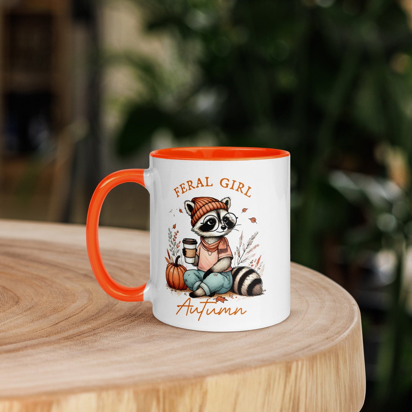 11oz White Ceramic Mug with Autumn Raccoon and Pumpkin Design - Feral Girl Autumn - Colorful Rim & Handle - Sublimegifts4u.com