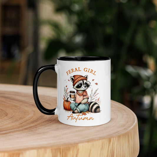 11oz White Ceramic Mug with Autumn Raccoon and Pumpkin Design - Feral Girl Autumn - Colorful Rim & Handle - Sublimegifts4u.com