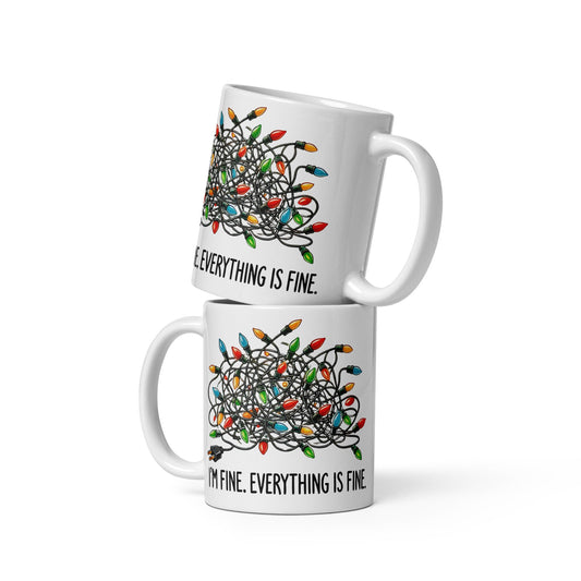 11oz White Mug with Tangled Christmas Lights and 'I’m Fine, It’s Fine' Design - Sublimegifts4u.com