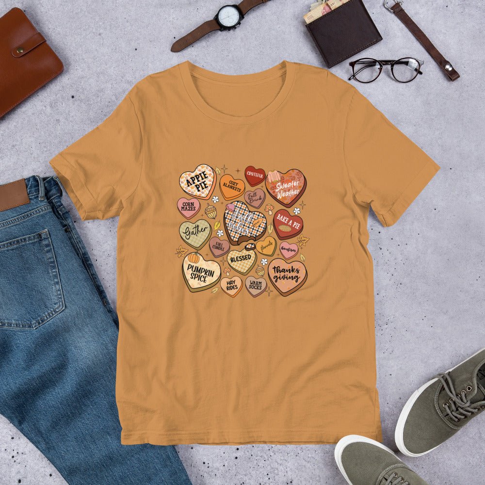 Autumn Heart Candies T-Shirt with Fall Quotes | Comfortable Women's Tee - Sublimegifts4u.com