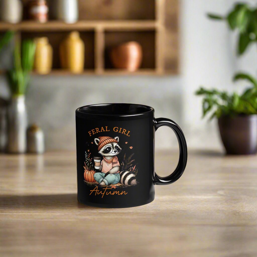 Autumn Raccoon 'Feral Girl Autumn' Black Mug - 11oz/15oz Ceramic - Sublimegifts4u.com