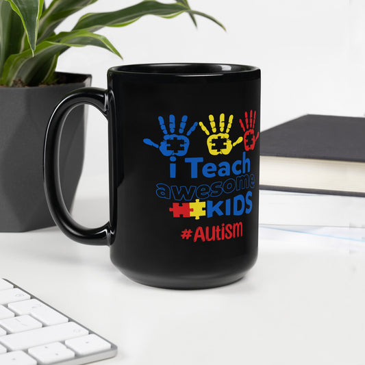 Black Ceramic Mug with Colorful 'I Teach Awesome Kids #Autism' Design - Sublimegifts4u.com