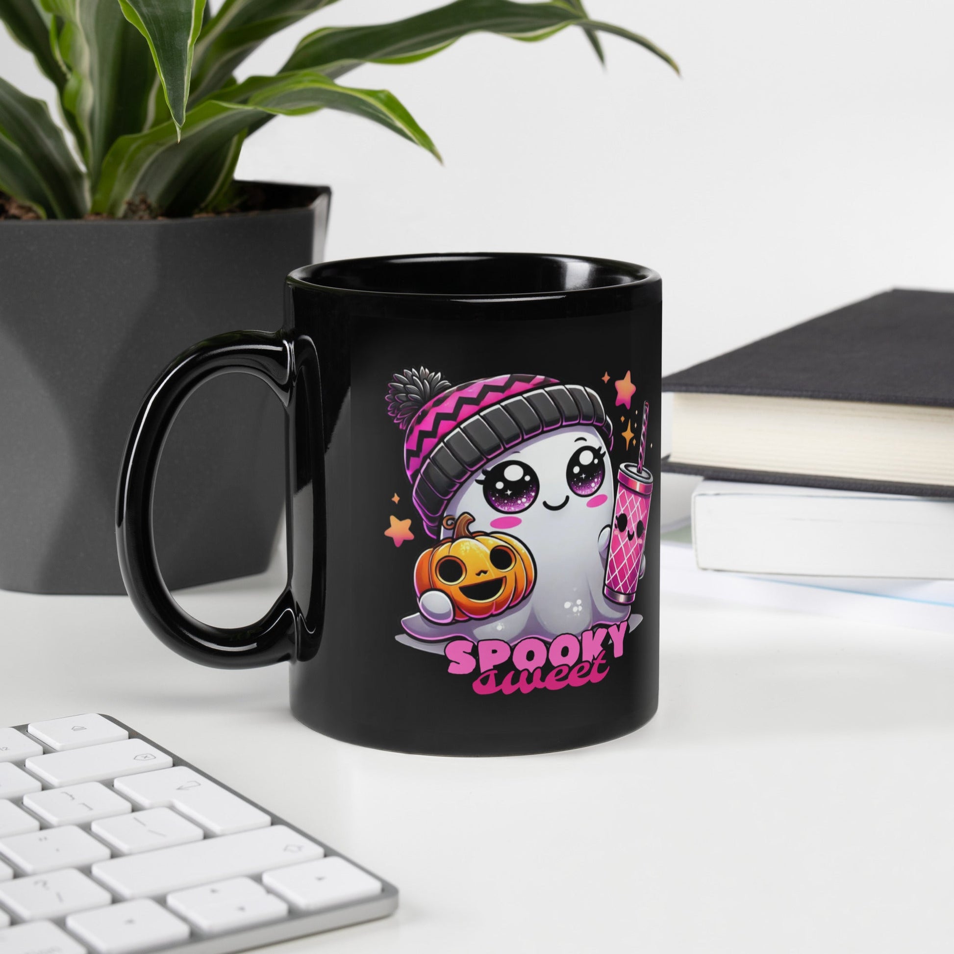 Black Ceramic Mug with Gothic Ghost and 'Spooky Sweet' Design - Sublimegifts4u.com