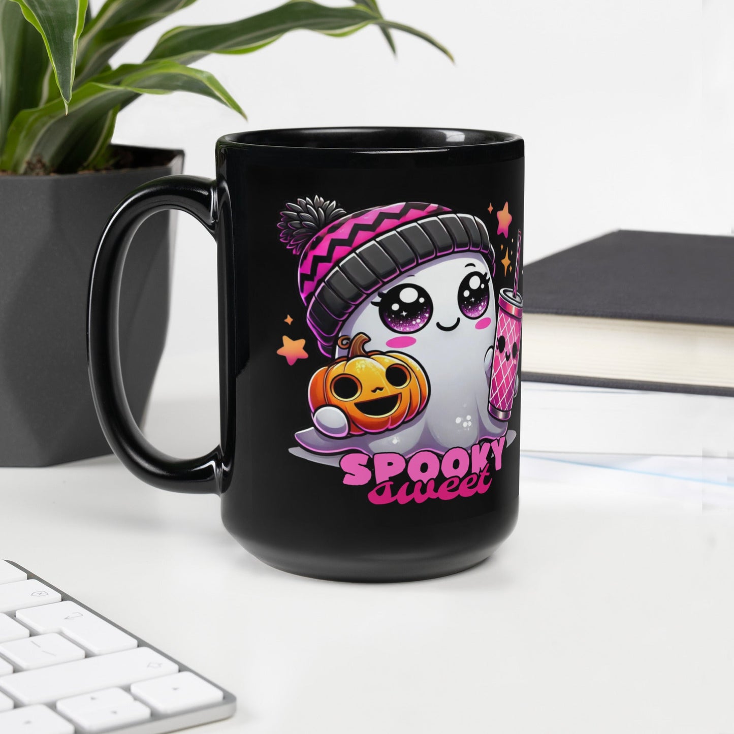 Black Ceramic Mug with Gothic Ghost and 'Spooky Sweet' Design - Sublimegifts4u.com