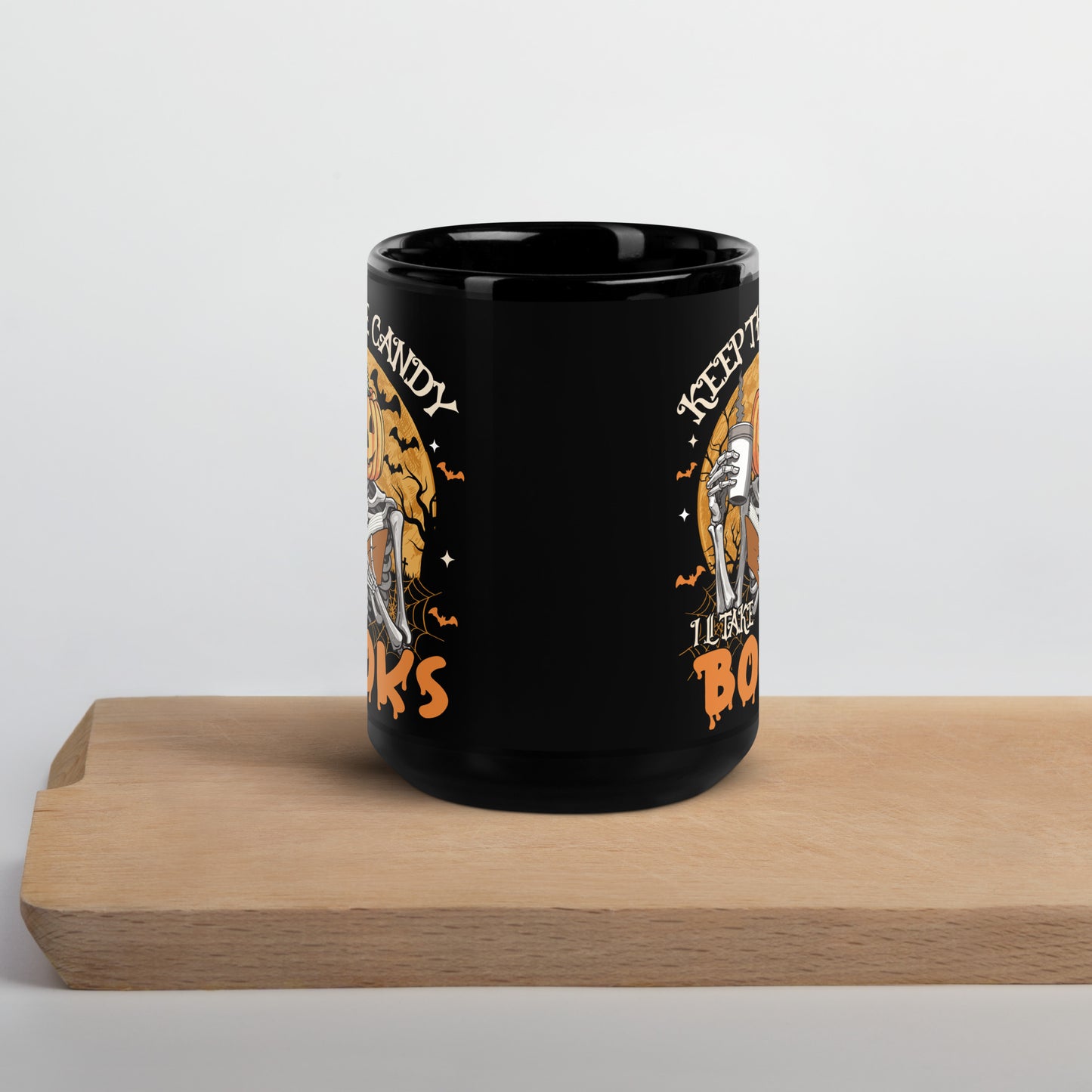 Black Mug with Halloween Pumpkin Design - "Keep the Candy, I'll Take the Books