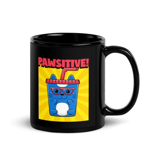 Black Glossy Mug with "Pawsitivity" Cat in a Cup Design - 11oz & 15oz - Sublimegifts4u.com