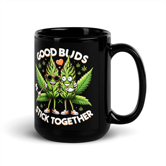 Buds Stick Together" Black Ceramic Mug | 11oz & 15oz | Smiling Marijuana Buds - Sublimegifts4u.com