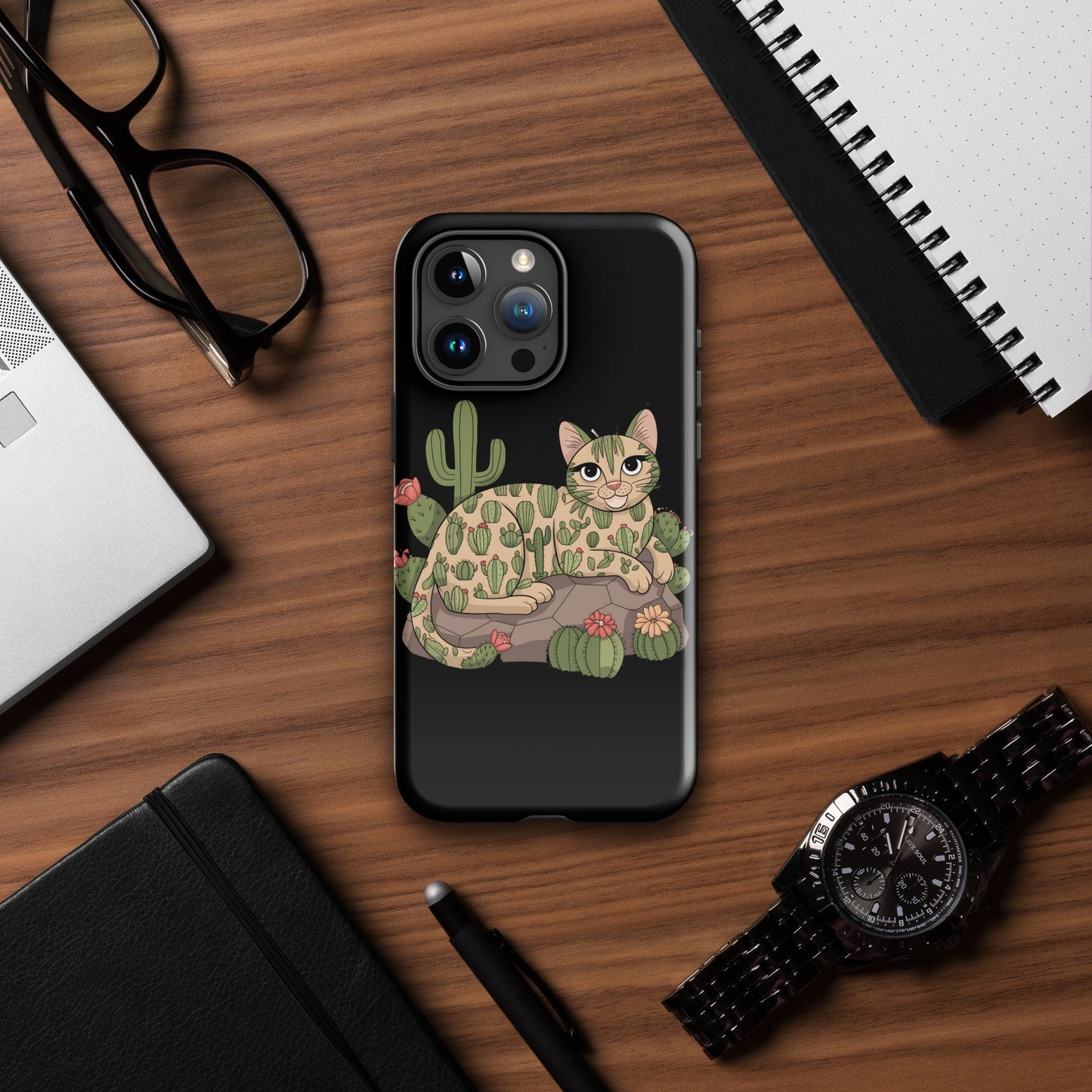 Cat with Cactuses iPhone Tough Snap Case - Black, Durable Dual - Layer Protection - Sublimegifts4u.com