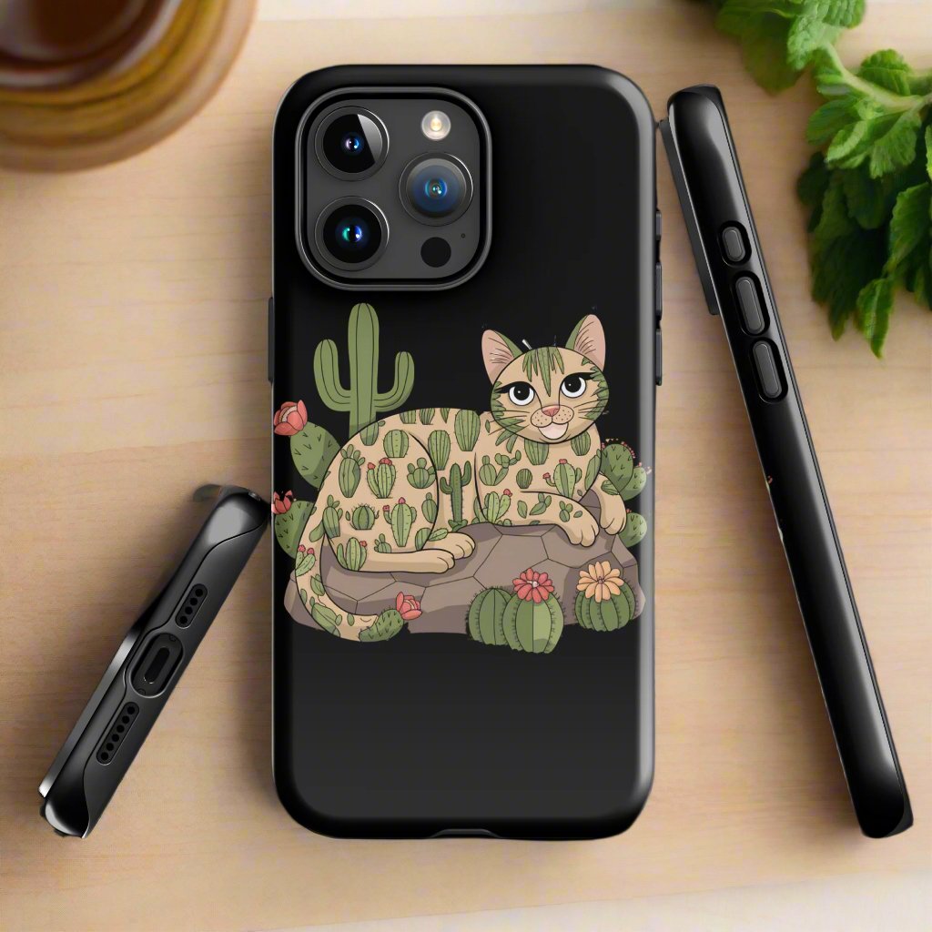 Cat with Cactuses iPhone Tough Snap Case - Black, Durable Dual - Layer Protection - Sublimegifts4u.com