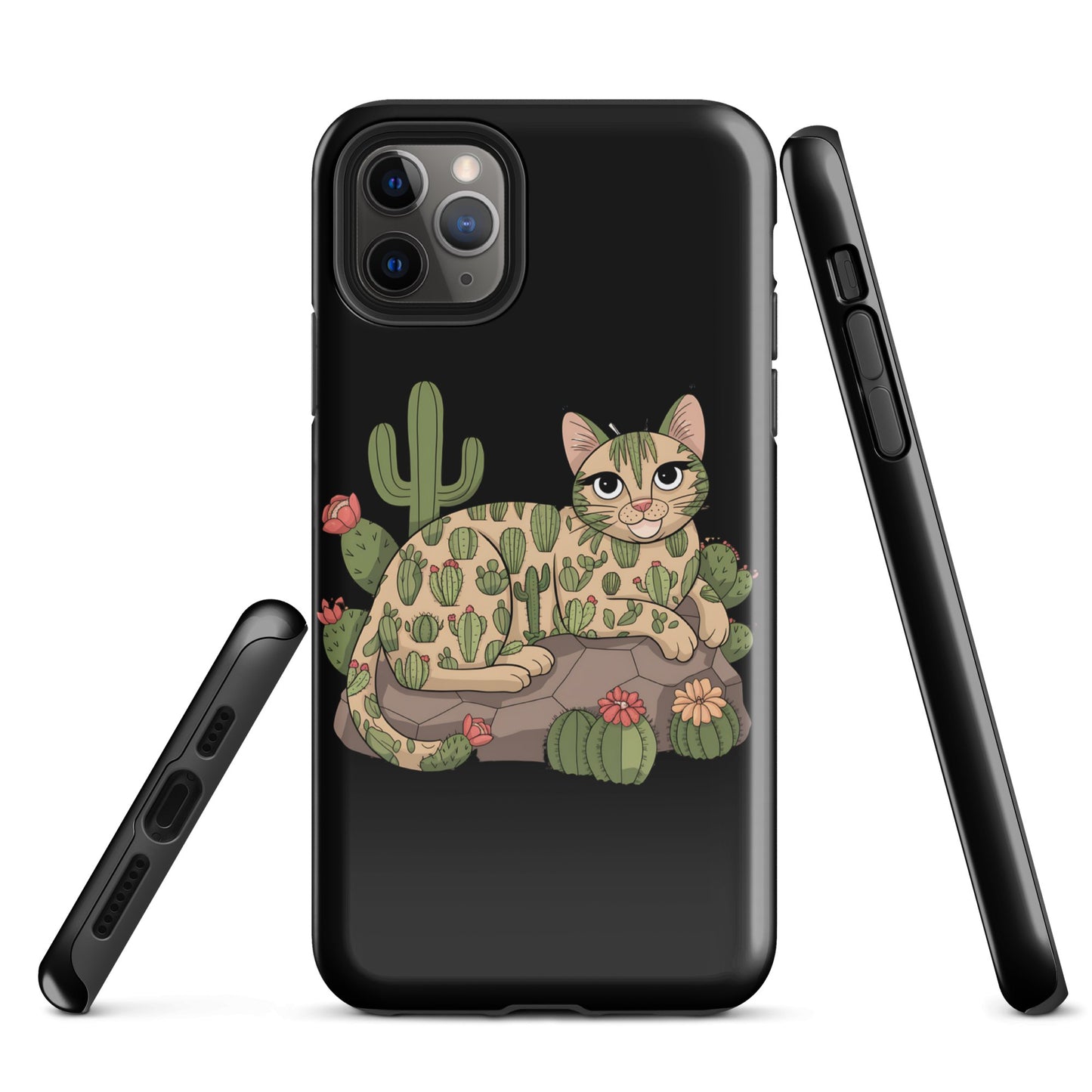 Cat with Cactuses iPhone Tough Snap Case - Black, Durable Dual - Layer Protection - Sublimegifts4u.com