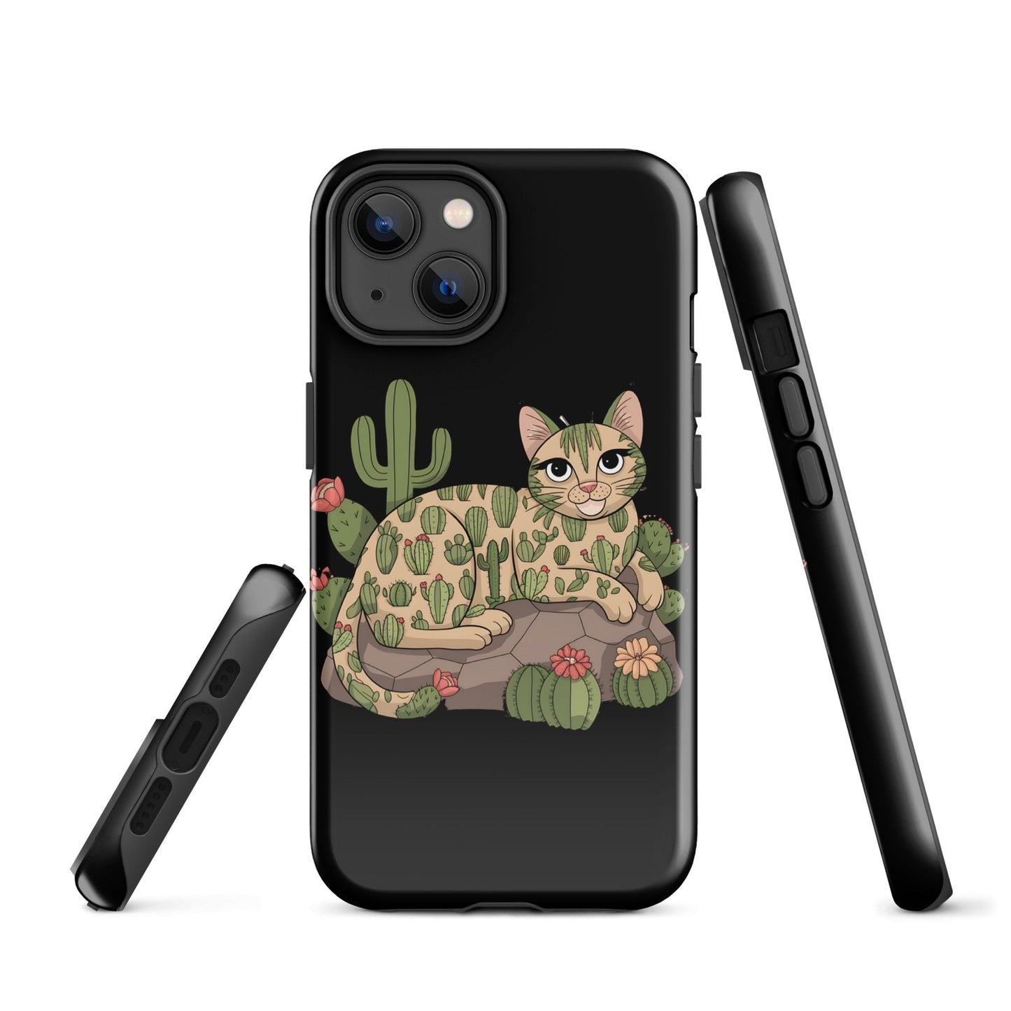 Cat with Cactuses iPhone Tough Snap Case - Black, Durable Dual - Layer Protection - Sublimegifts4u.com