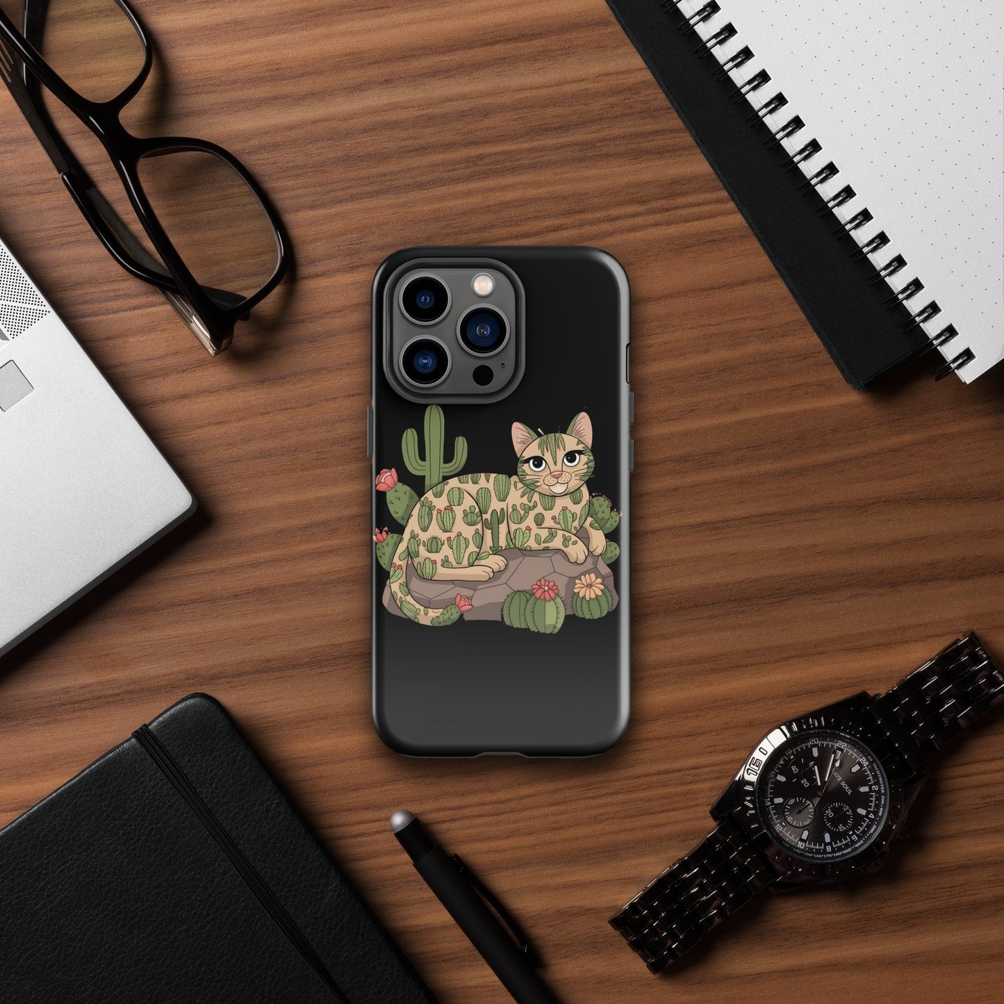 Cat with Cactuses iPhone Tough Snap Case - Black, Durable Dual - Layer Protection - Sublimegifts4u.com