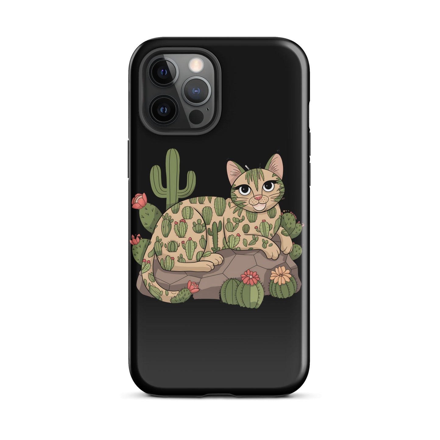 Cat with Cactuses iPhone Tough Snap Case - Black, Durable Dual - Layer Protection - Sublimegifts4u.com