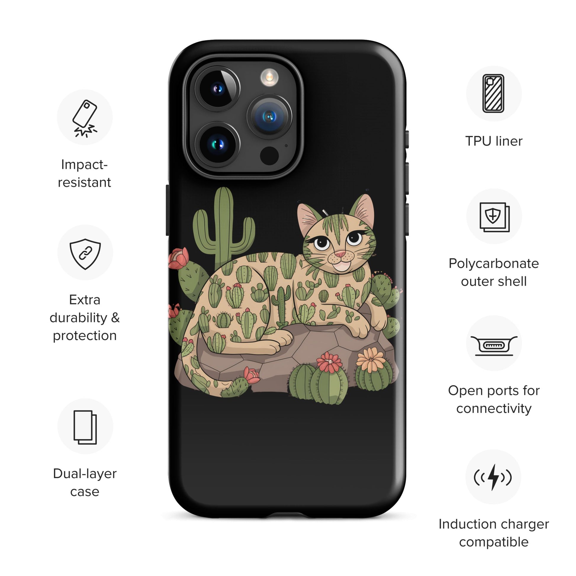 Cat with Cactuses iPhone Tough Snap Case - Black, Durable Dual - Layer Protection - Sublimegifts4u.com