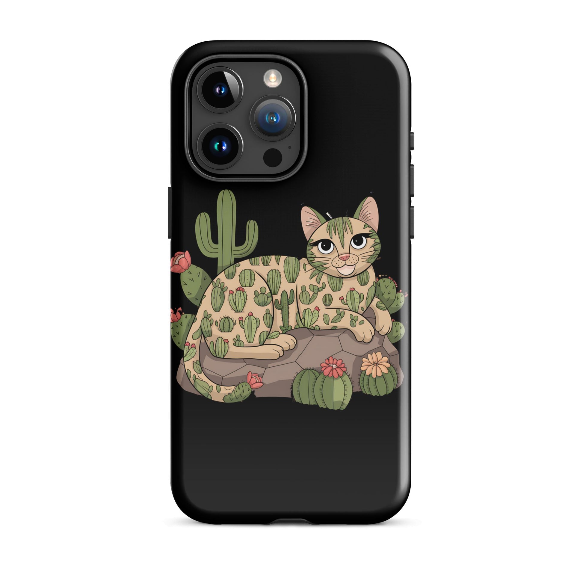 Cat with Cactuses iPhone Tough Snap Case - Black, Durable Dual - Layer Protection - Sublimegifts4u.com