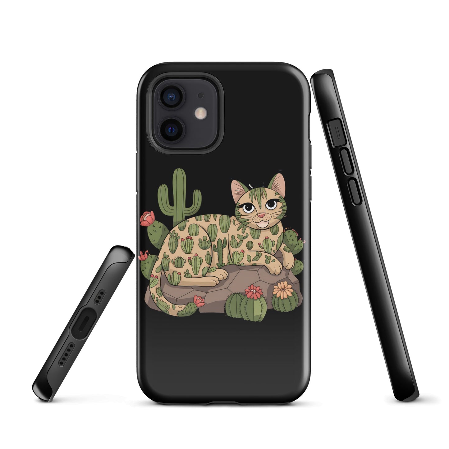 Cat with Cactuses iPhone Tough Snap Case - Black, Durable Dual - Layer Protection - Sublimegifts4u.com