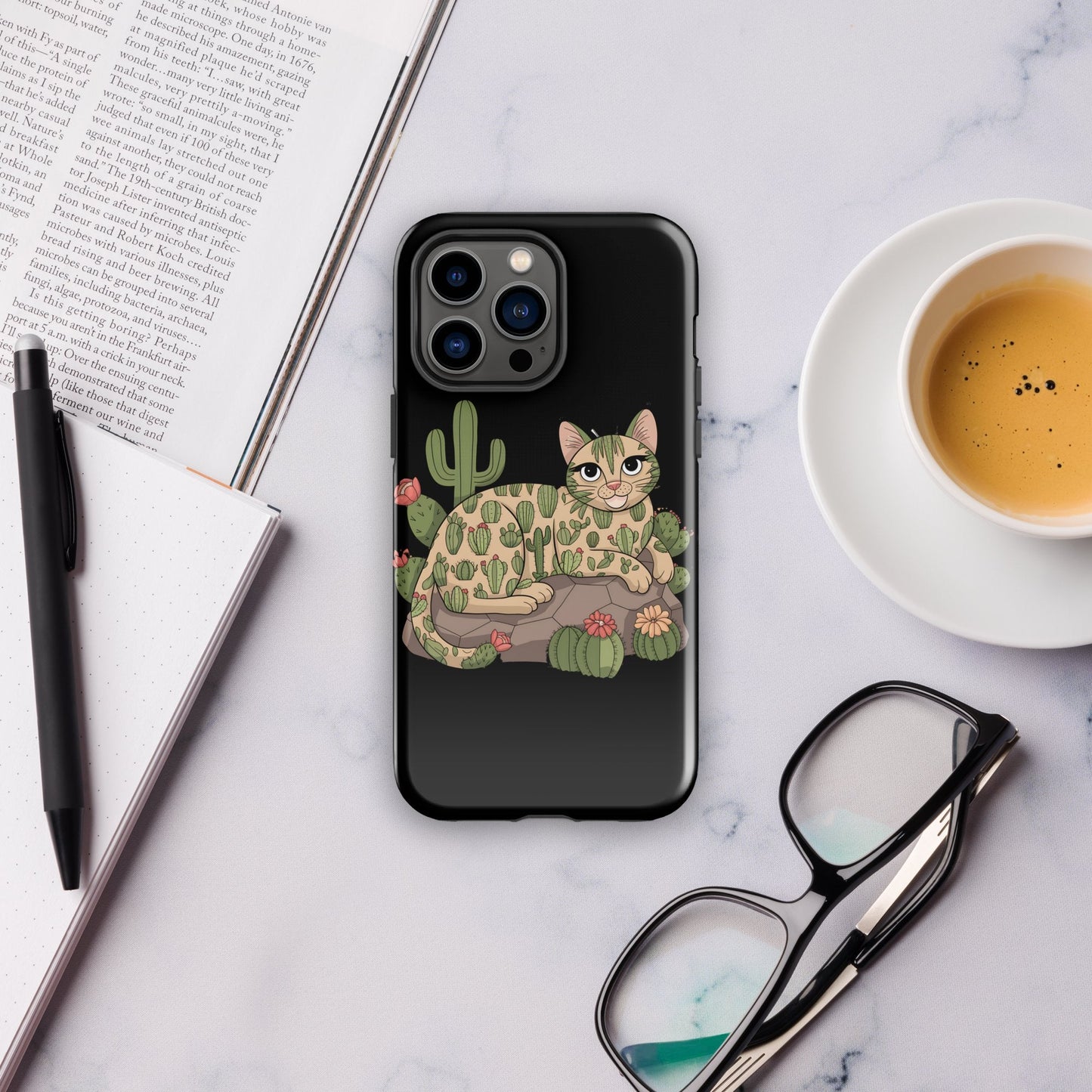 Cat with Cactuses iPhone Tough Snap Case - Black, Durable Dual - Layer Protection - Sublimegifts4u.com