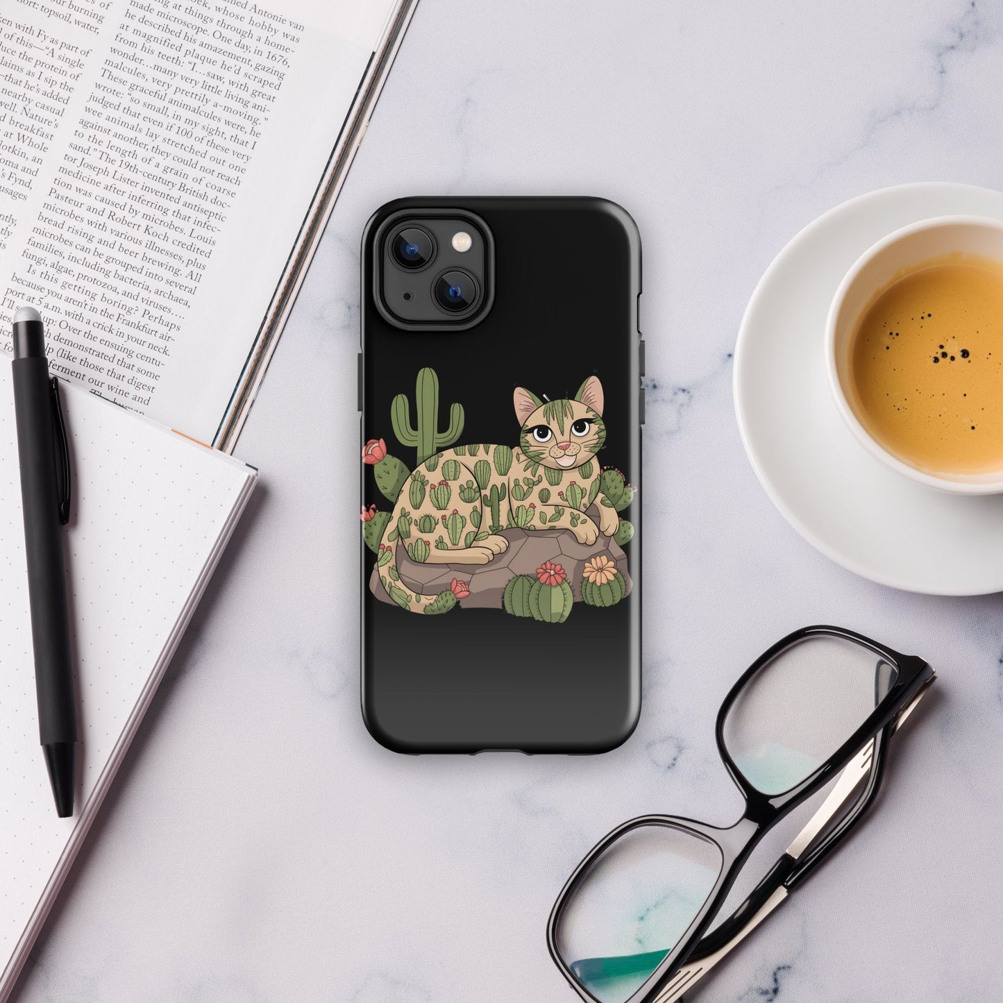 Cat with Cactuses iPhone Tough Snap Case - Black, Durable Dual - Layer Protection - Sublimegifts4u.com