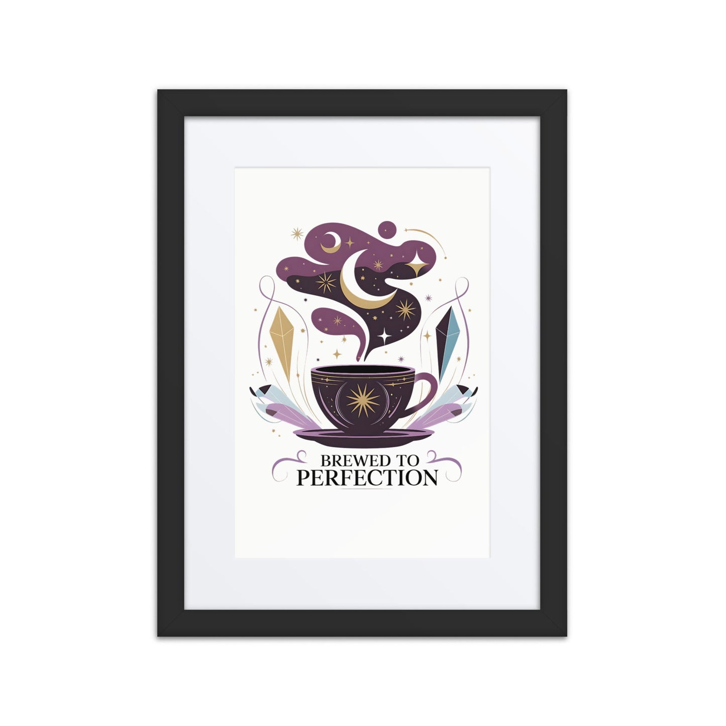 Celestial Coffee & Crystal Framed Wall Art - Stylish Poster with Black Wooden Frame - Sublimegifts4u.com