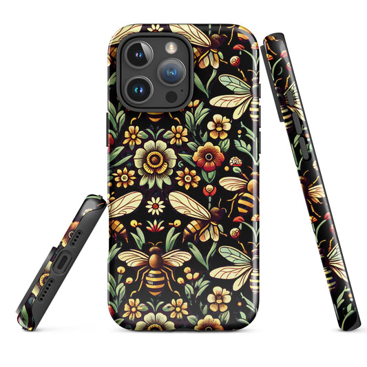 Charming iPhone Tough Case with Bees and Florals on Black Background | Dual - Layer Protection - Sublimegifts4u.com