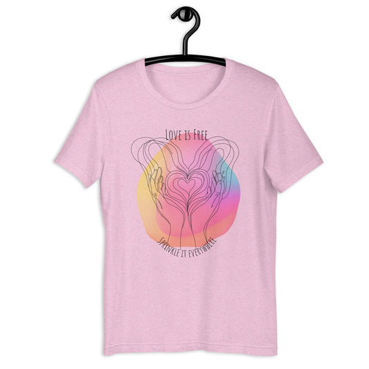 Colorful Backdrop Women's Tee – Black Line Art with Heart & 'Love is Free, Sprinkle It Everywhere' Graphic T-Shirt - Sublimegifts4u.com