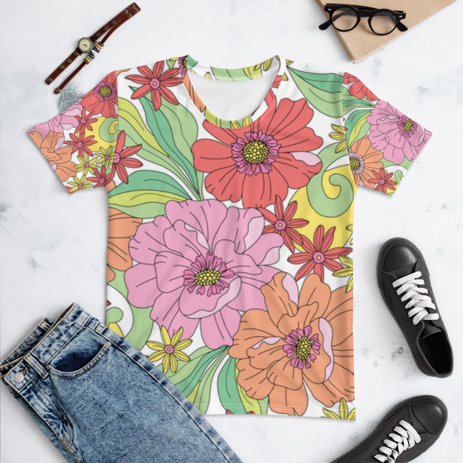 Colorful Florals All - Over Print Women's Tee - Soft & Stylish - Sublimegifts4u.com