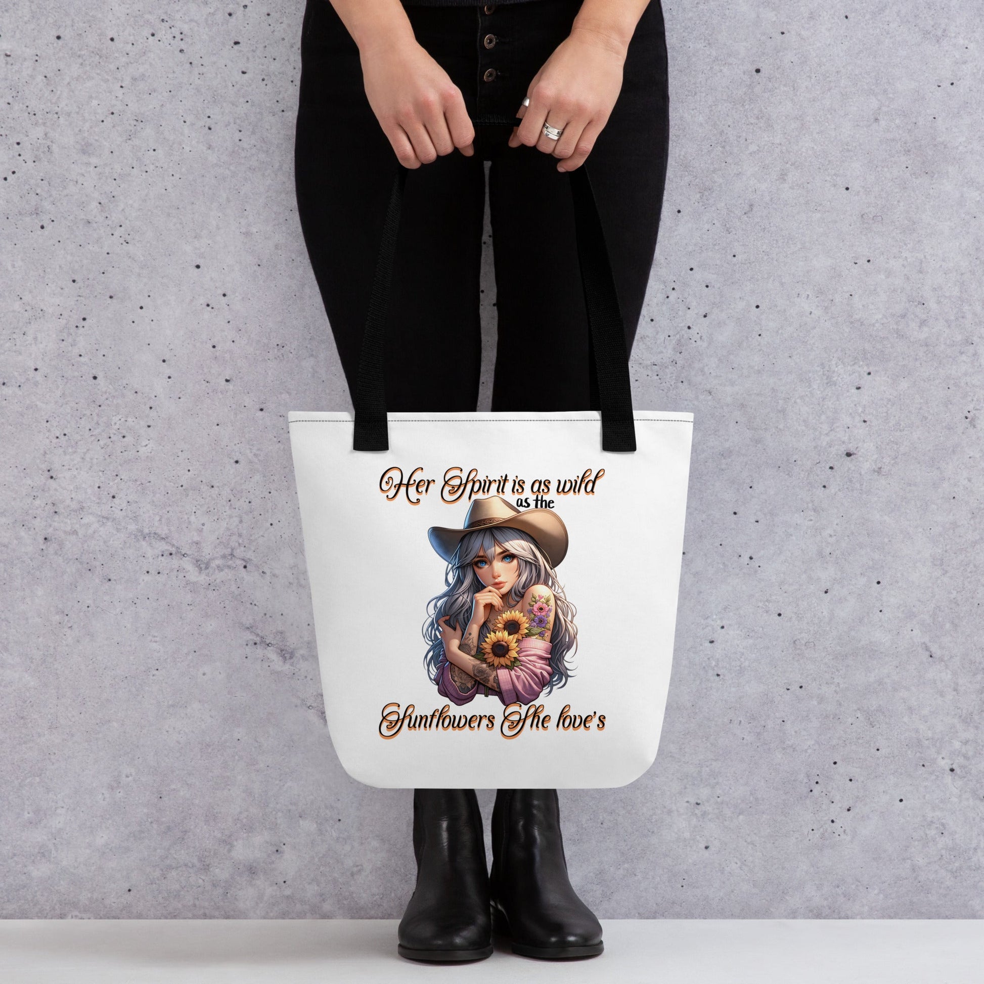 Country Girl Tote Bag - Wild Spirit & Sunflowers Design | 15x15 White Tote - Sublimegifts4u.com