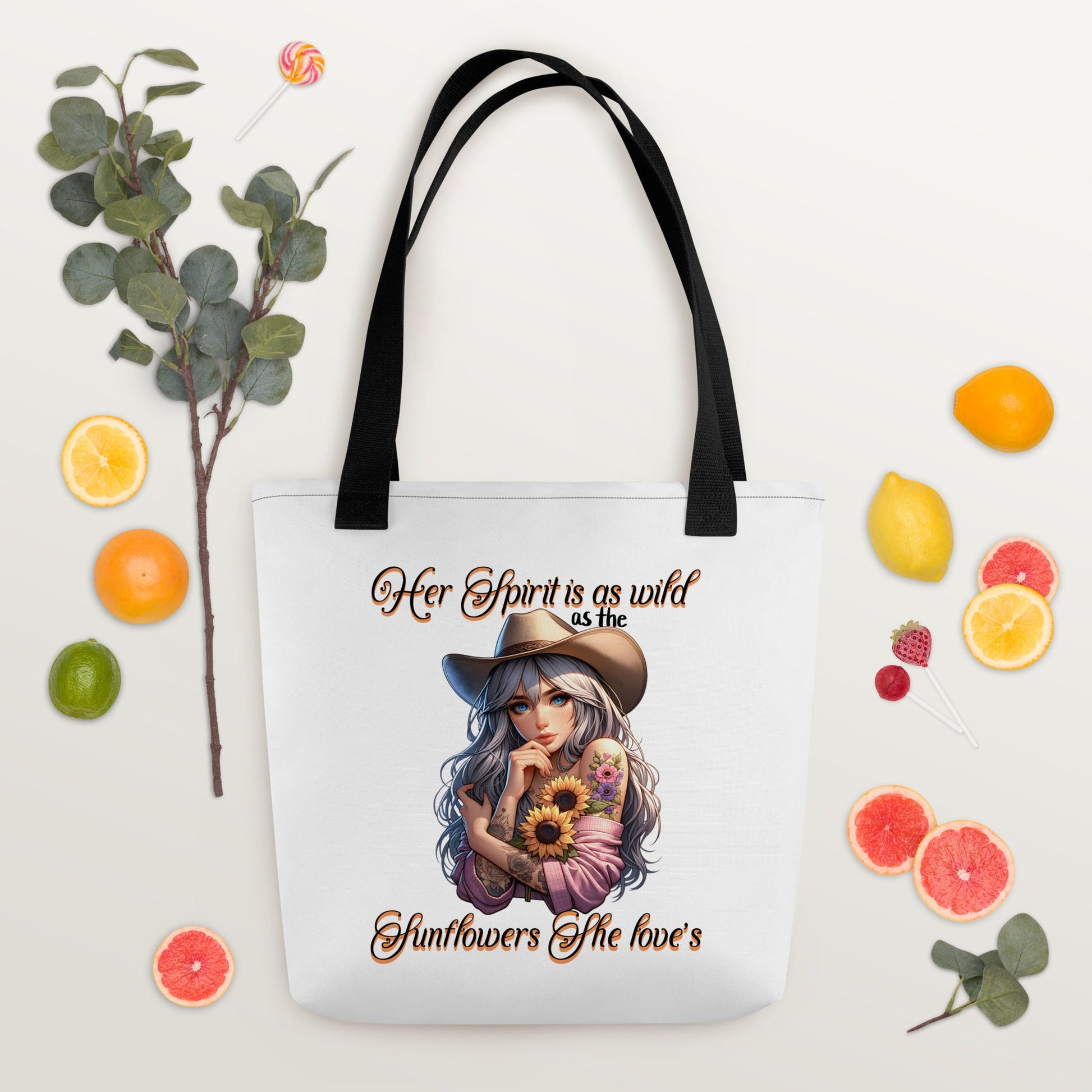 Country Girl Tote Bag - Wild Spirit & Sunflowers Design | 15x15 White Tote - Sublimegifts4u.com