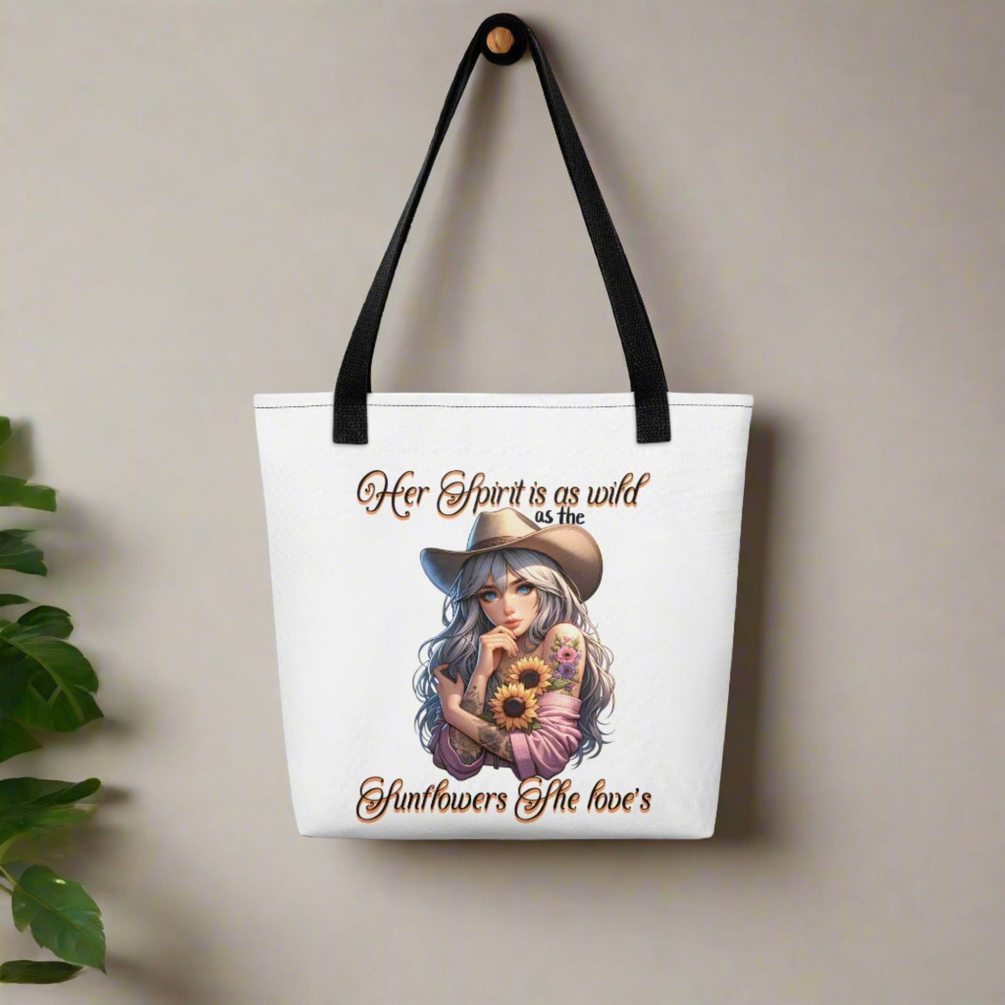 Country Girl Tote Bag - Wild Spirit & Sunflowers Design | 15x15 White Tote - Sublimegifts4u.com