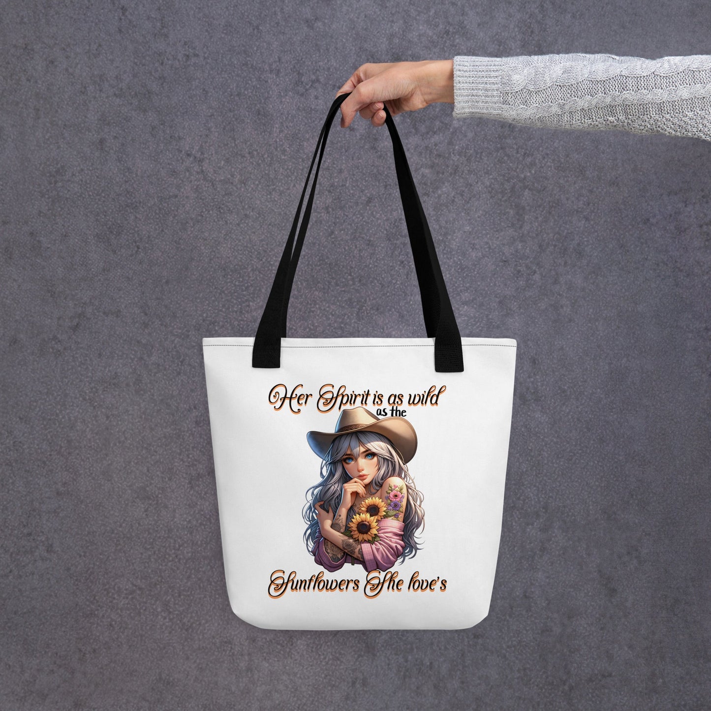 Country Girl Tote Bag - Wild Spirit & Sunflowers Design | 15x15 White Tote - Sublimegifts4u.com