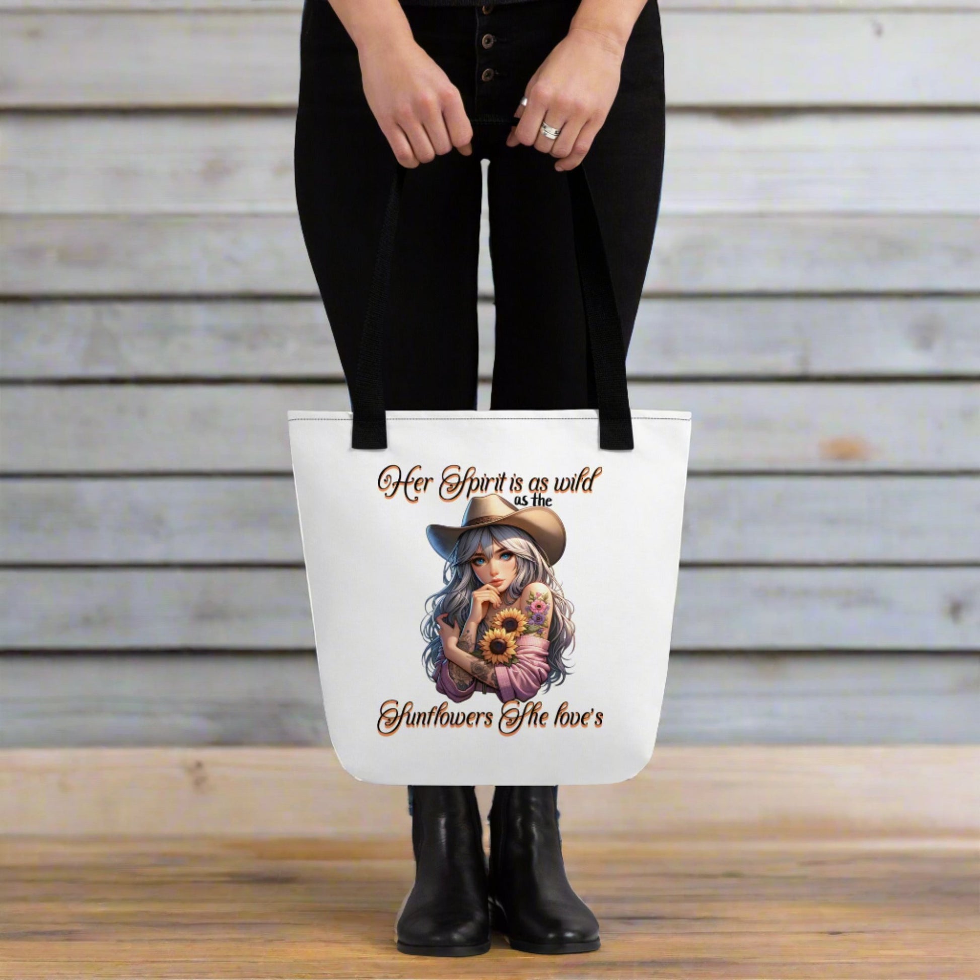 Country Girl Tote Bag - Wild Spirit & Sunflowers Design | 15x15 White Tote - Sublimegifts4u.com