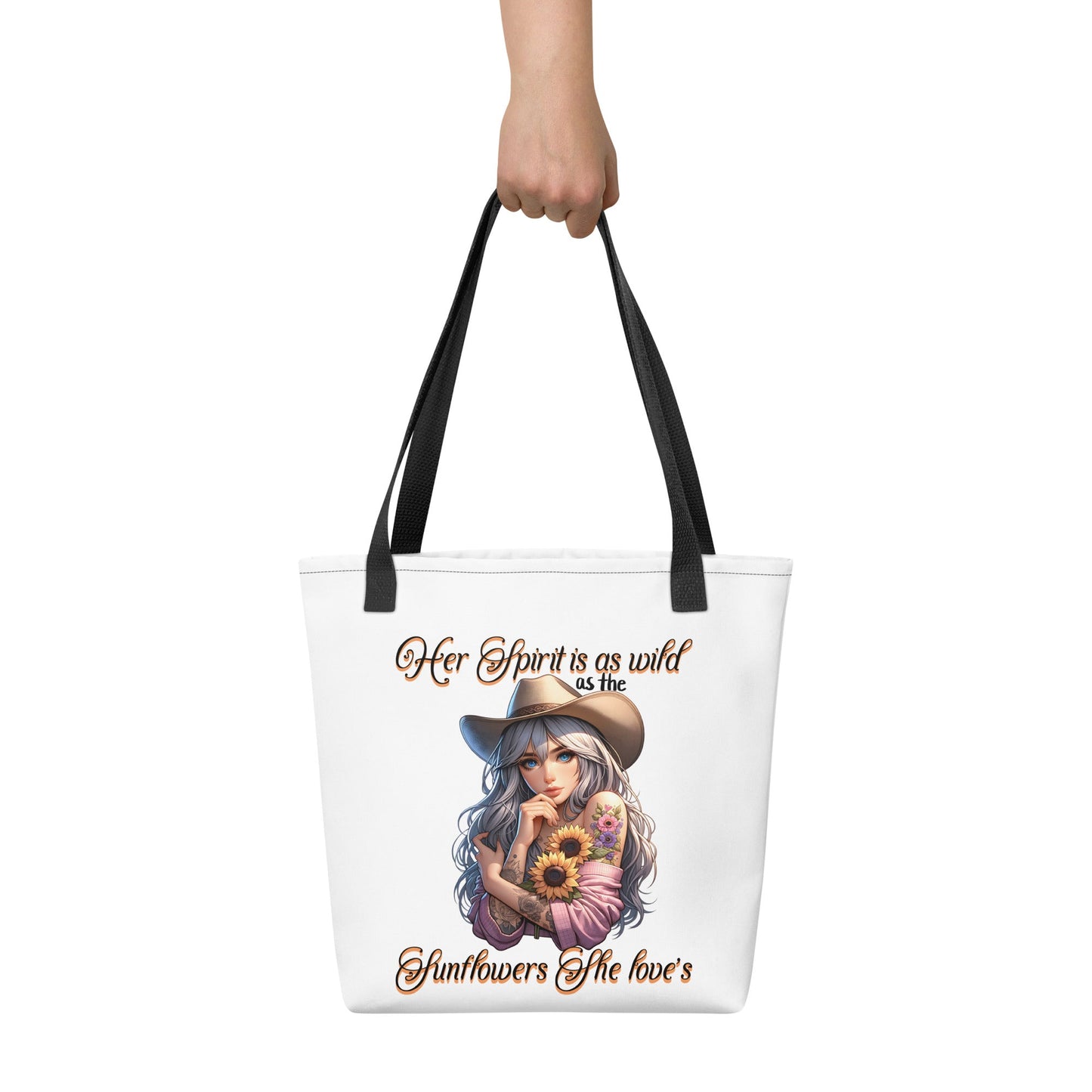 Country Girl Tote Bag - Wild Spirit & Sunflowers Design | 15x15 White Tote - Sublimegifts4u.com