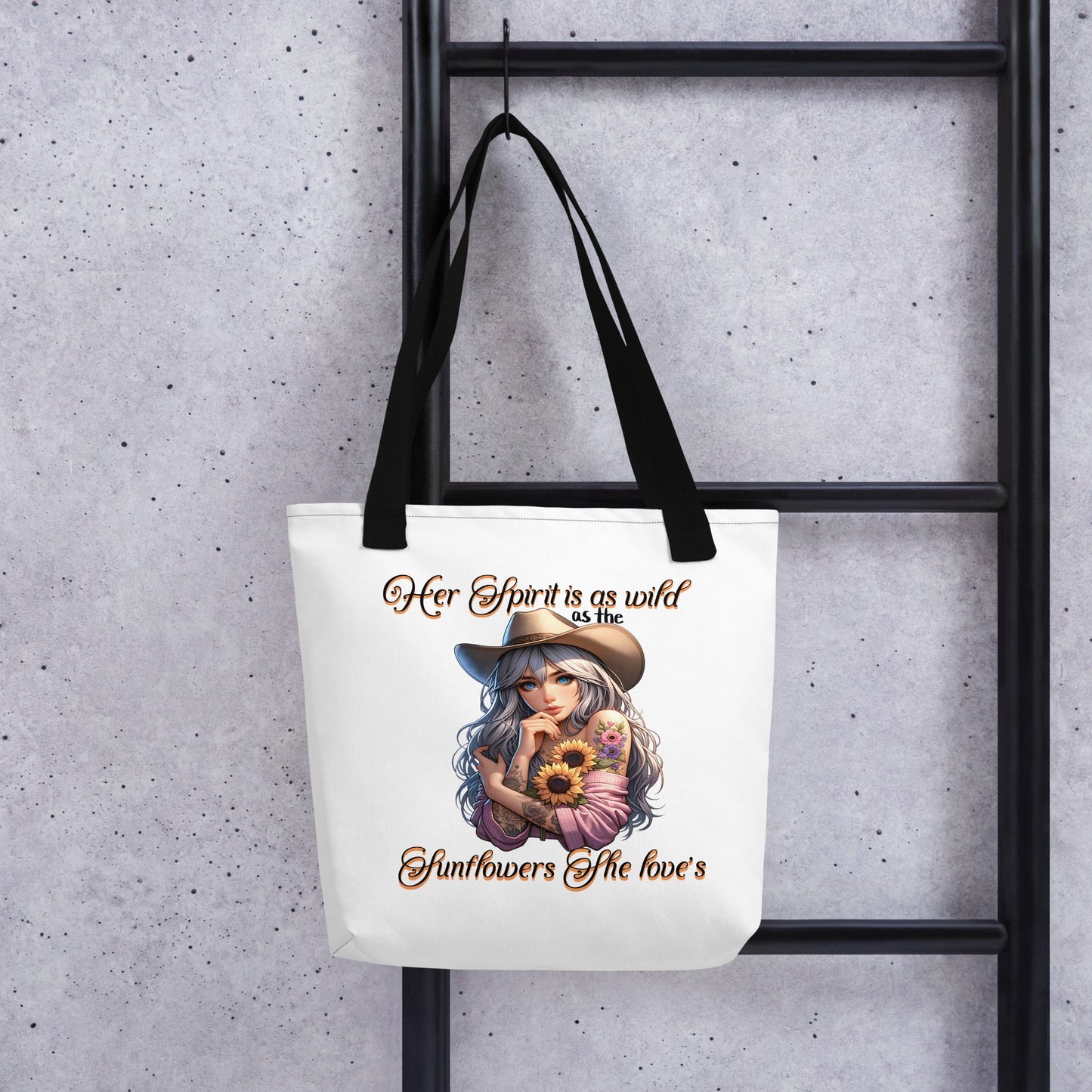 Country Girl Tote Bag - Wild Spirit & Sunflowers Design | 15x15 White Tote - Sublimegifts4u.com