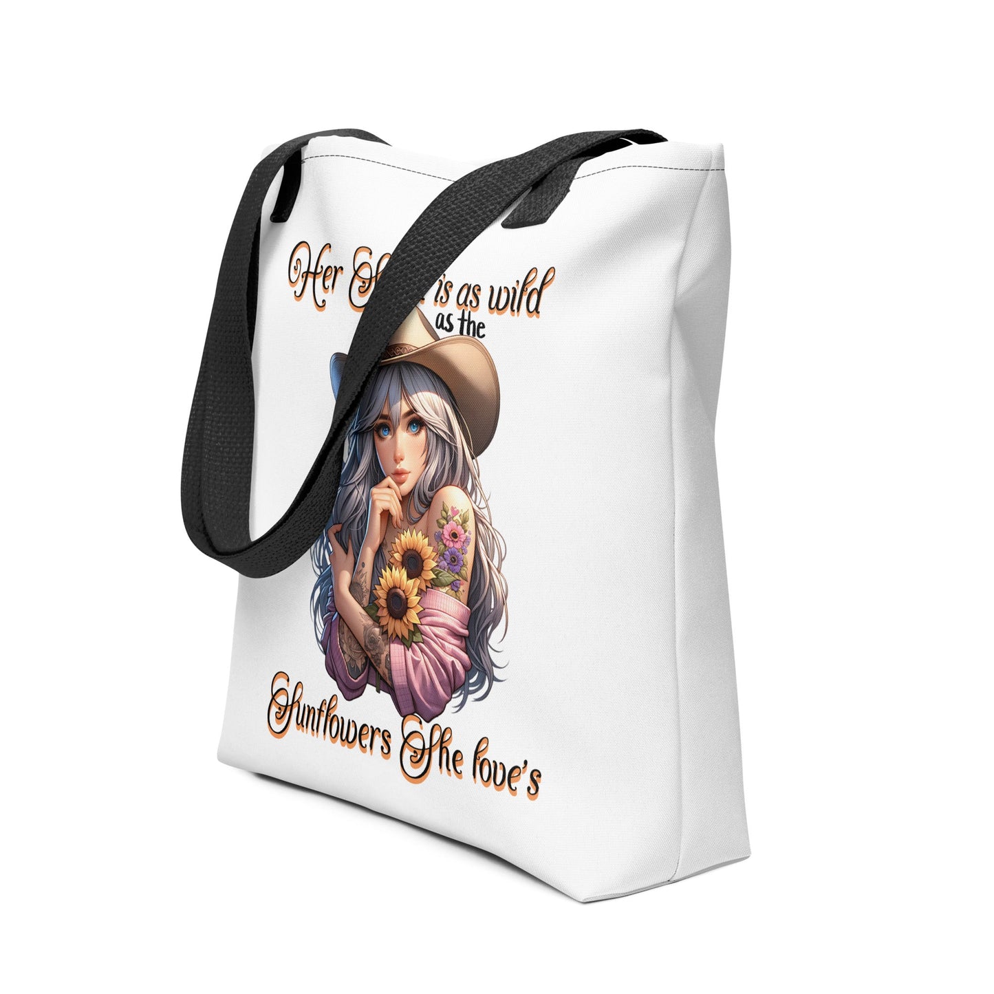 Country Girl Tote Bag - Wild Spirit & Sunflowers Design | 15x15 White Tote - Sublimegifts4u.com