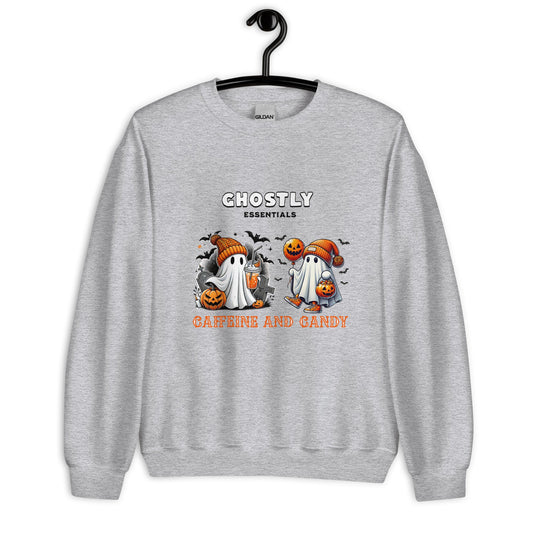 Cozy Halloween Sweatshirt: 'Ghostly Essentials – Caffeine & Candy' with Ghosts & Pumpkins - Sublimegifts4u.com