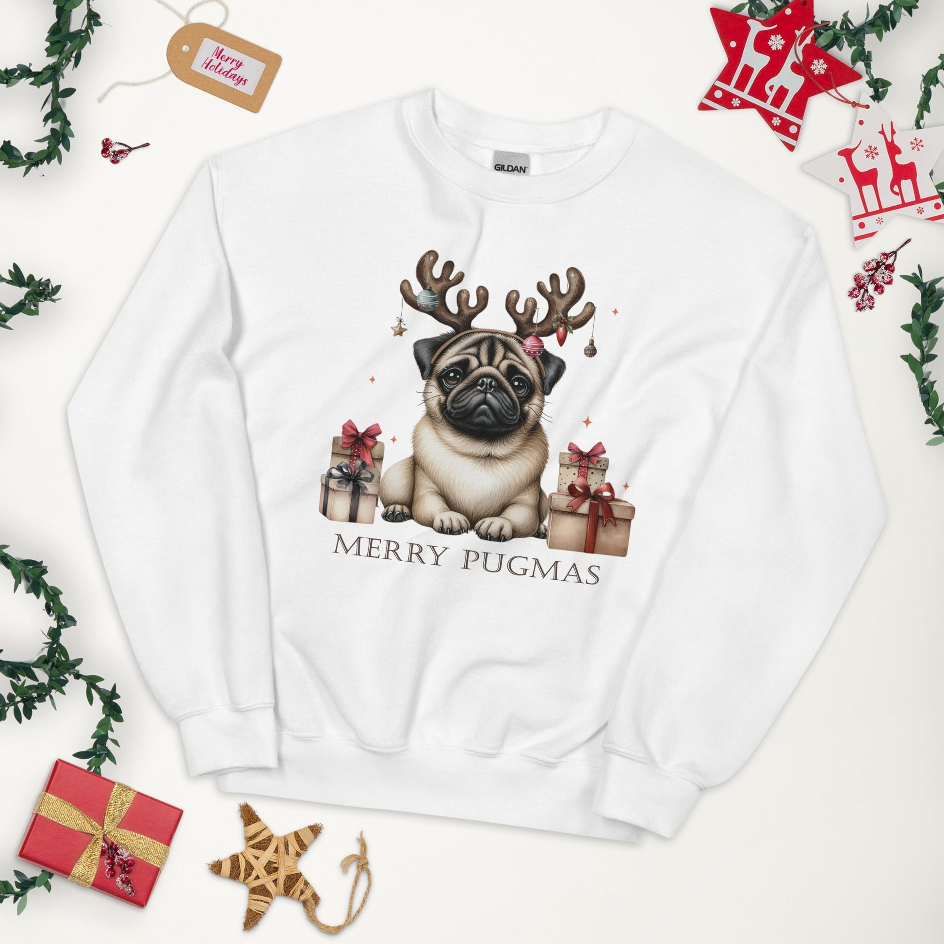 Cozy Women's Sweatshirt | Pug with Reindeer Ears | 'Happy Pugmas' Design - Sublimegifts4u.com