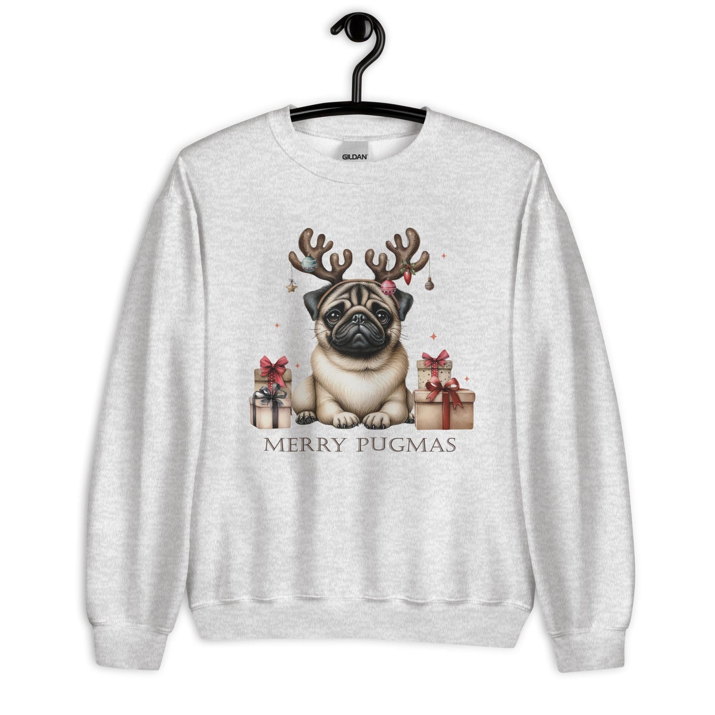 Cozy Women's Sweatshirt | Pug with Reindeer Ears | 'Happy Pugmas' Design - Sublimegifts4u.com