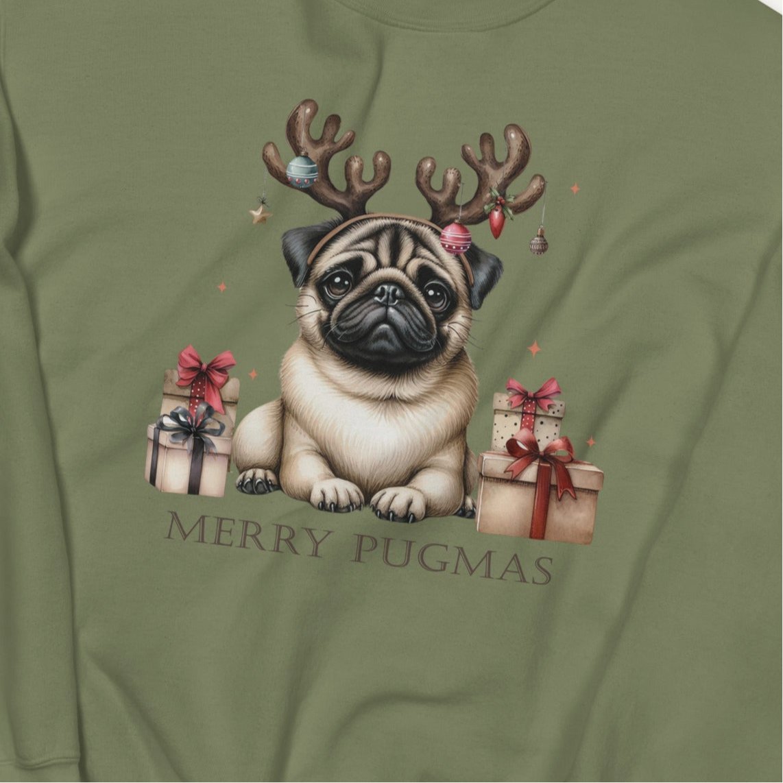 Cozy Women's Sweatshirt | Pug with Reindeer Ears | 'Happy Pugmas' Design - Sublimegifts4u.com