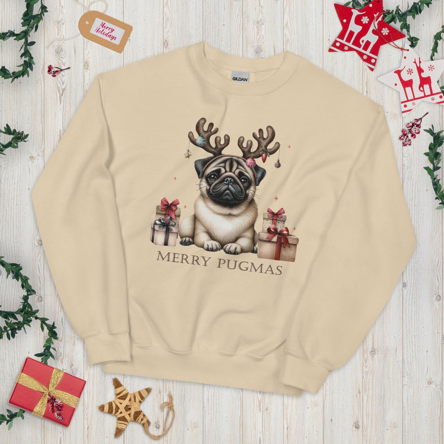 Cozy Women's Sweatshirt | Pug with Reindeer Ears | 'Happy Pugmas' Design - Sublimegifts4u.com