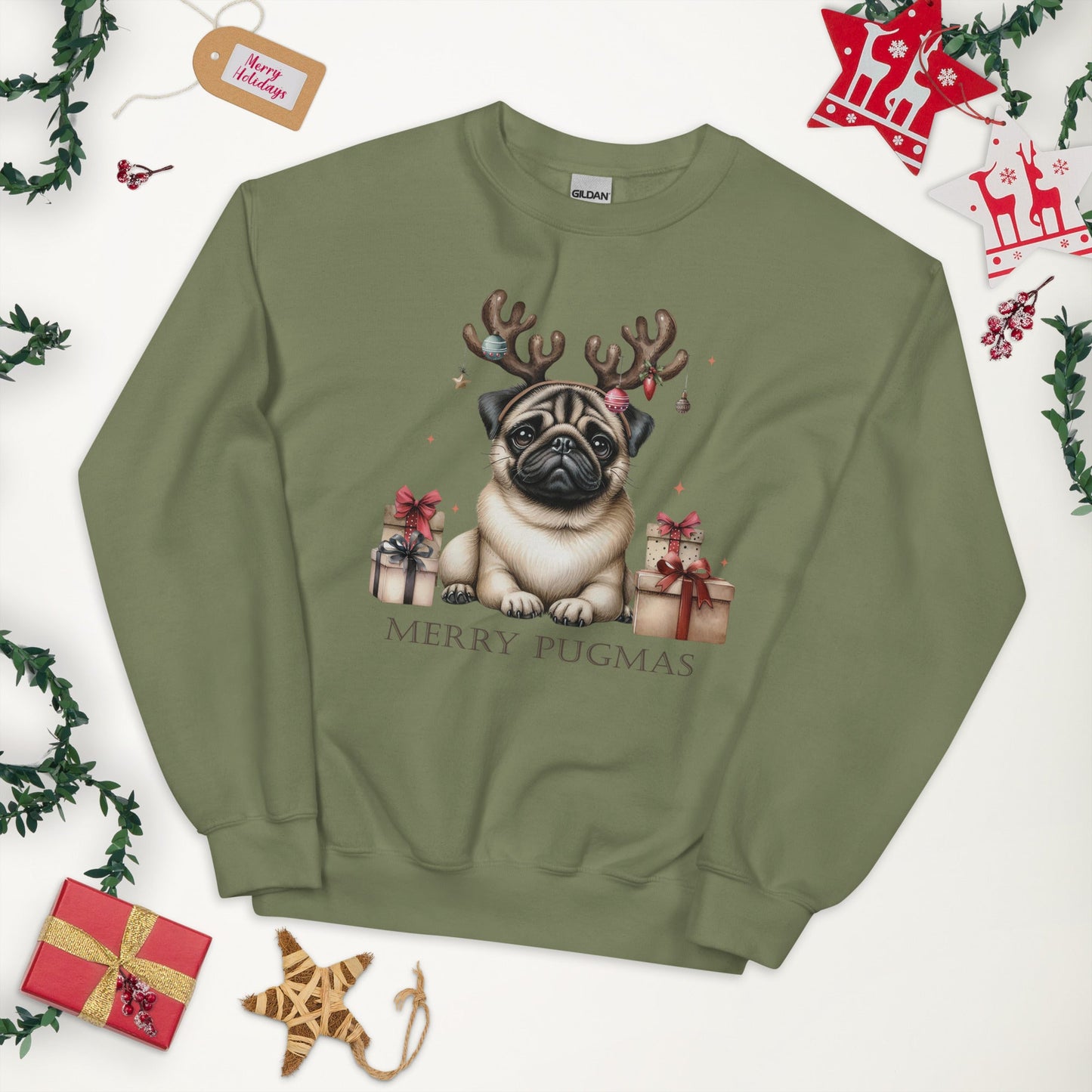 Cozy Women's Sweatshirt | Pug with Reindeer Ears | 'Happy Pugmas' Design - Sublimegifts4u.com