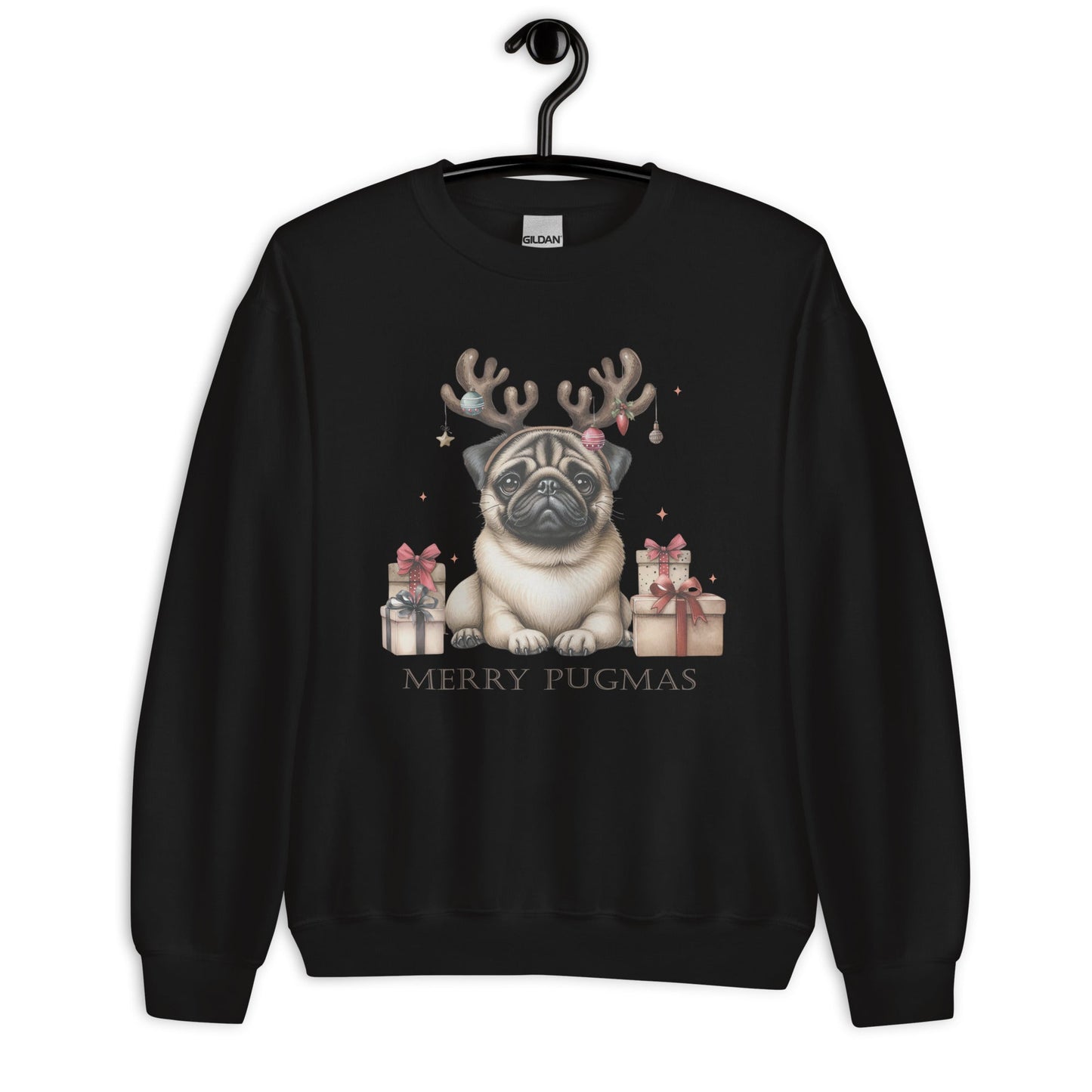 Cozy Women's Sweatshirt | Pug with Reindeer Ears | 'Happy Pugmas' Design - Sublimegifts4u.com