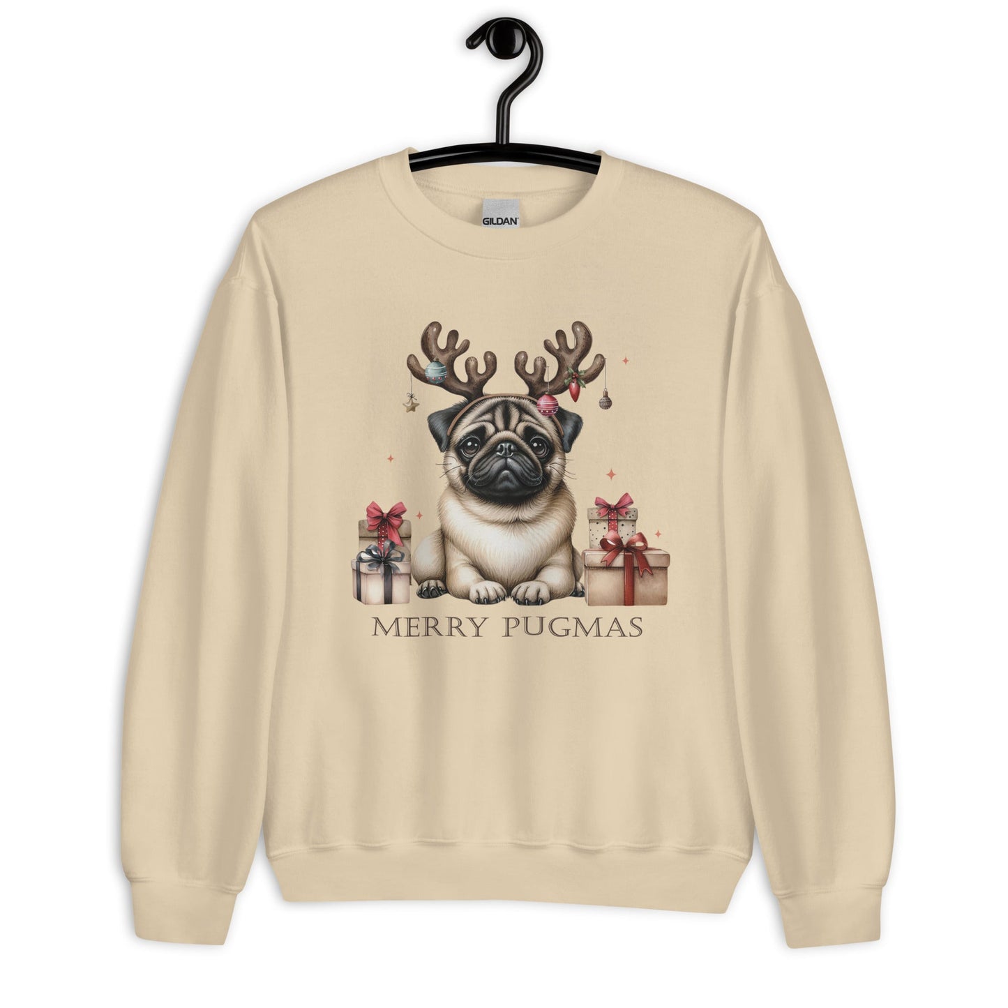 Cozy Women's Sweatshirt | Pug with Reindeer Ears | 'Happy Pugmas' Design - Sublimegifts4u.com