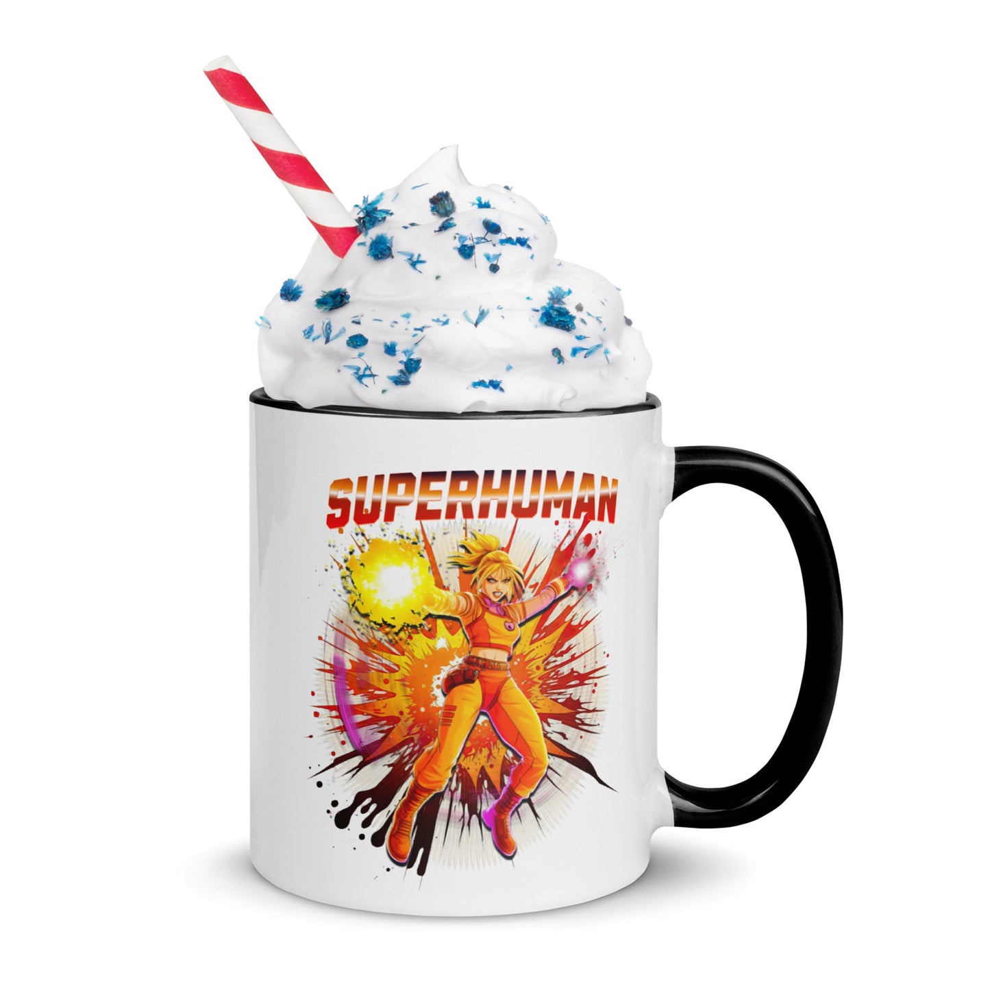 Custom 11oz White/Black Accent Mug/ Colorful Rim/ Heroic Design/ Anime/ Sublimegifts4u - Sublimegifts4u.com