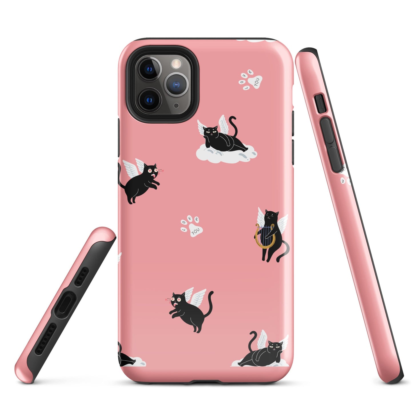 Cute Cat Wing Phone Case - Pink Background with Paw Prints - Sublimegifts4u.com