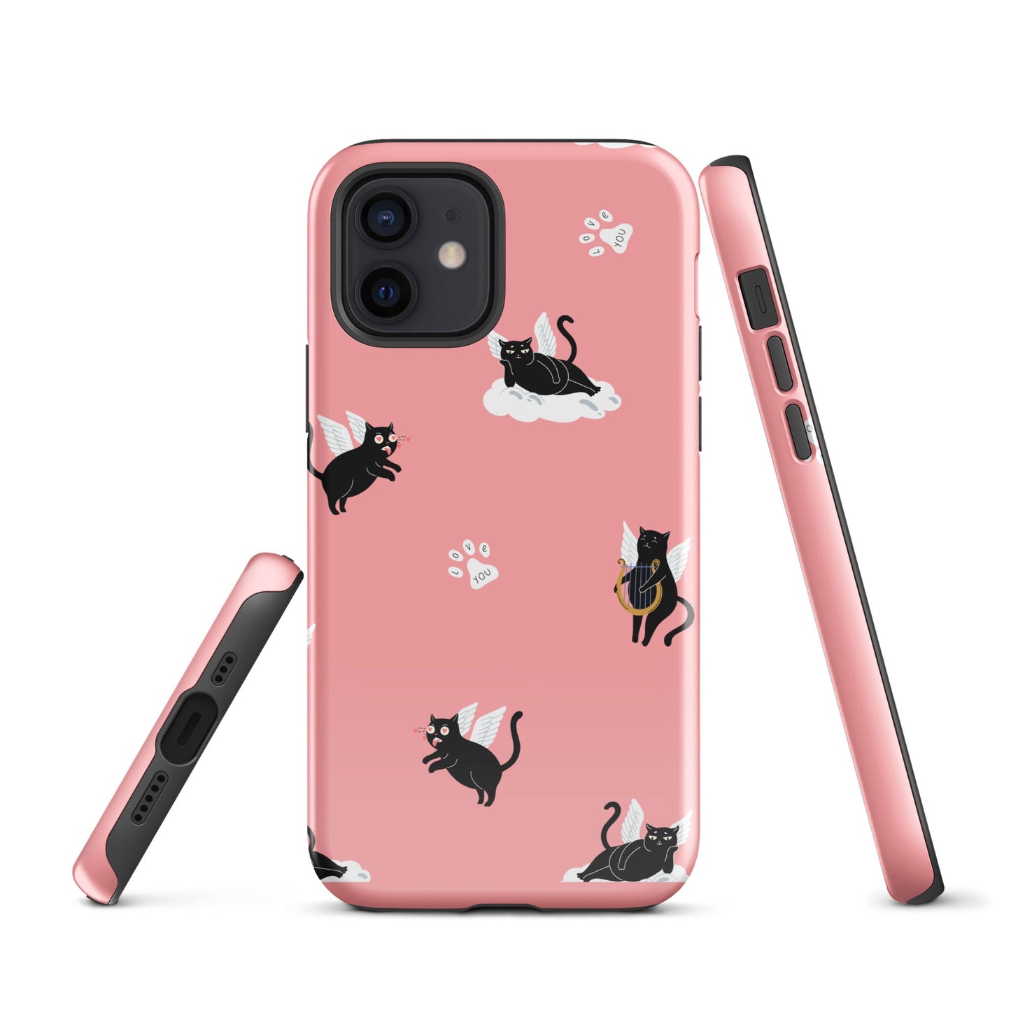 Cute Cat Wing Phone Case - Pink Background with Paw Prints - Sublimegifts4u.com