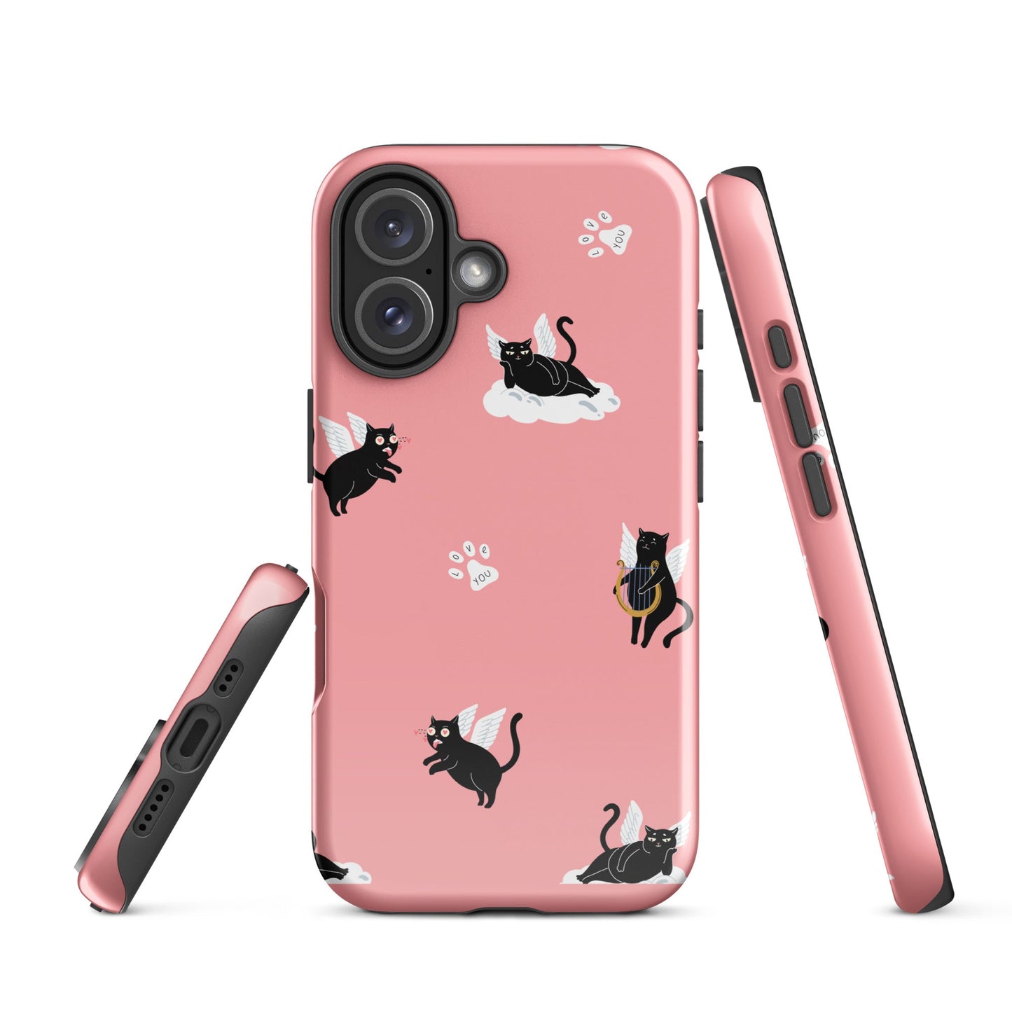 Cute Cat Wing Phone Case - Pink Background with Paw Prints - Sublimegifts4u.com