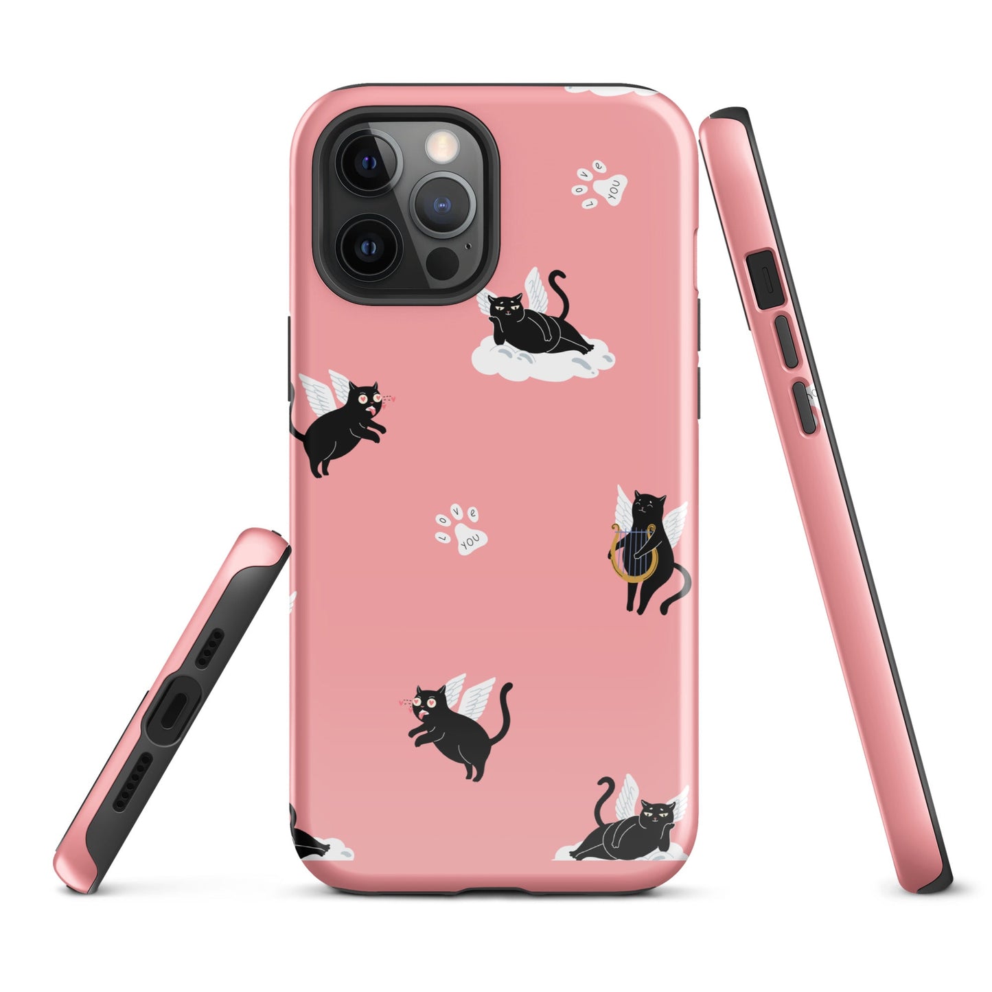 Cute Cat Wing Phone Case - Pink Background with Paw Prints - Sublimegifts4u.com